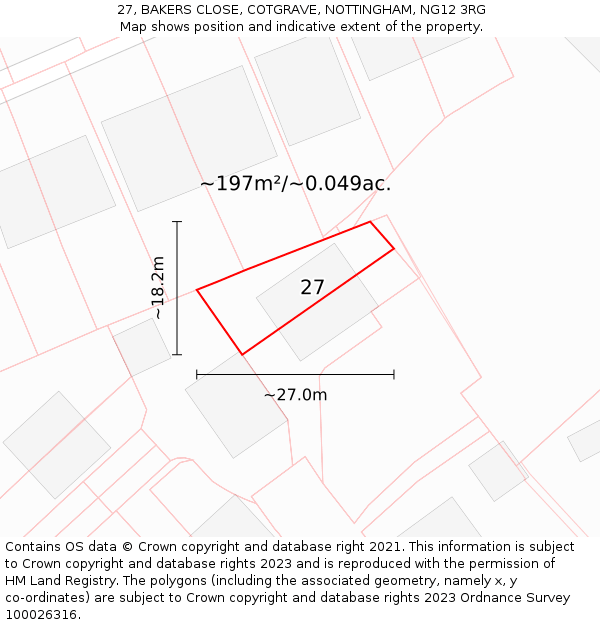 27, BAKERS CLOSE, COTGRAVE, NOTTINGHAM, NG12 3RG: Plot and title map