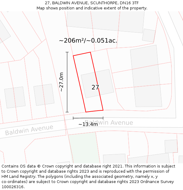 27, BALDWIN AVENUE, SCUNTHORPE, DN16 3TF: Plot and title map