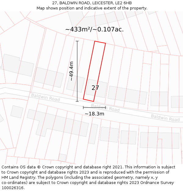 27, BALDWIN ROAD, LEICESTER, LE2 6HB: Plot and title map