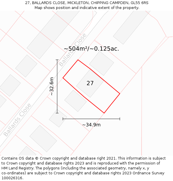 27, BALLARDS CLOSE, MICKLETON, CHIPPING CAMPDEN, GL55 6RS: Plot and title map