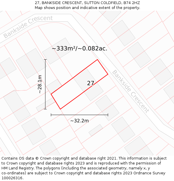 27, BANKSIDE CRESCENT, SUTTON COLDFIELD, B74 2HZ: Plot and title map