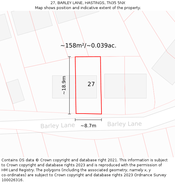 27, BARLEY LANE, HASTINGS, TN35 5NX: Plot and title map