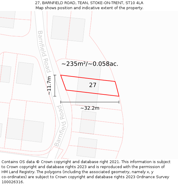 27, BARNFIELD ROAD, TEAN, STOKE-ON-TRENT, ST10 4LA: Plot and title map