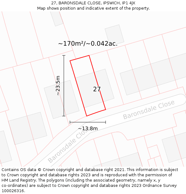 27, BARONSDALE CLOSE, IPSWICH, IP1 4JX: Plot and title map