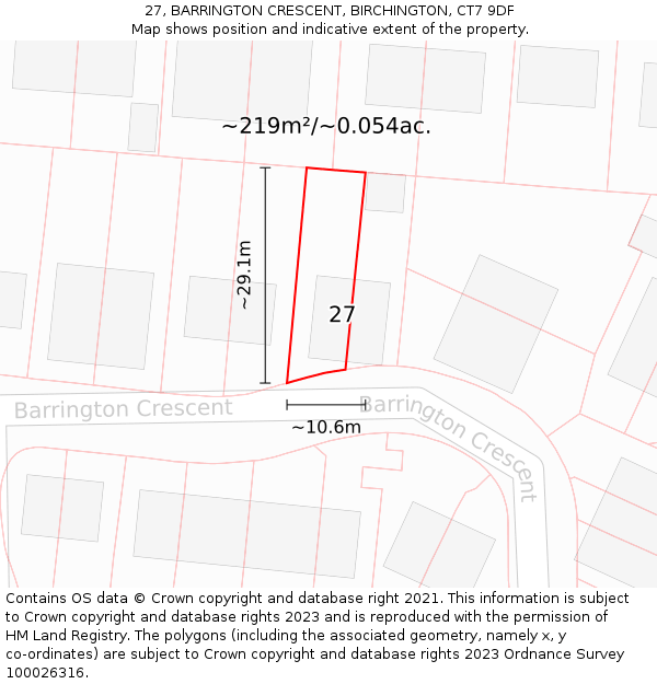 27, BARRINGTON CRESCENT, BIRCHINGTON, CT7 9DF: Plot and title map