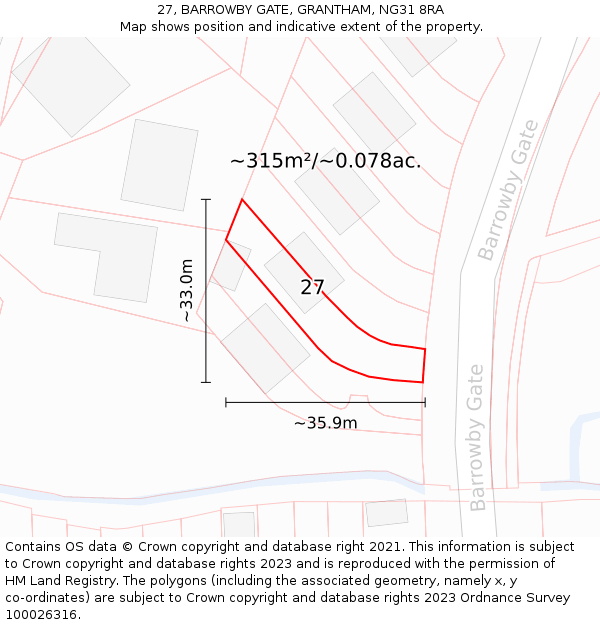 27, BARROWBY GATE, GRANTHAM, NG31 8RA: Plot and title map