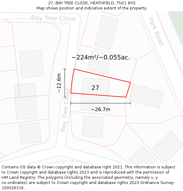 27, BAY TREE CLOSE, HEATHFIELD, TN21 8YG: Plot and title map