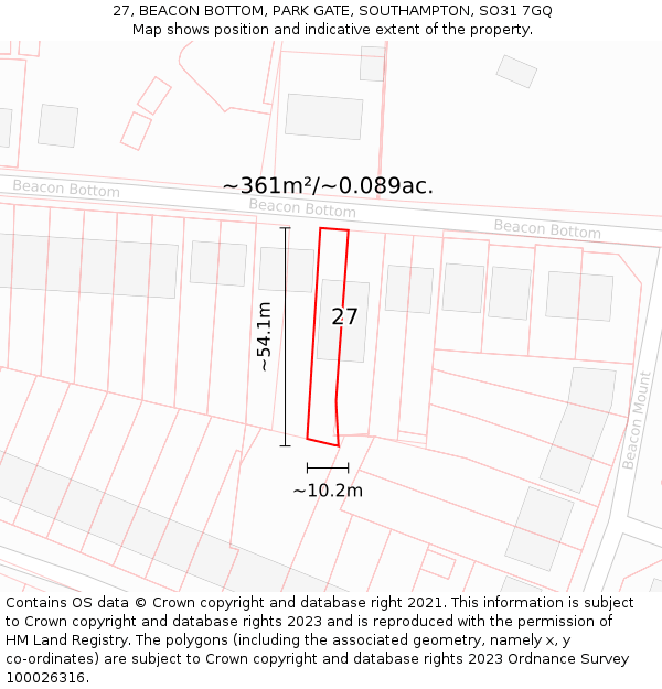 27, BEACON BOTTOM, PARK GATE, SOUTHAMPTON, SO31 7GQ: Plot and title map