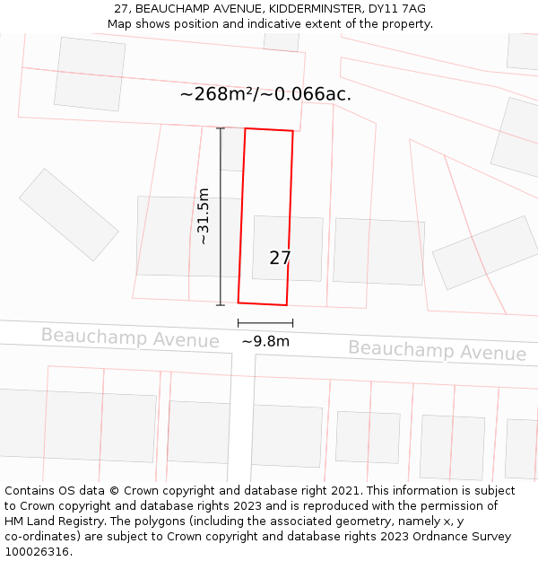 27, BEAUCHAMP AVENUE, KIDDERMINSTER, DY11 7AG: Plot and title map