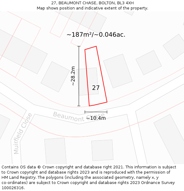 27, BEAUMONT CHASE, BOLTON, BL3 4XH: Plot and title map