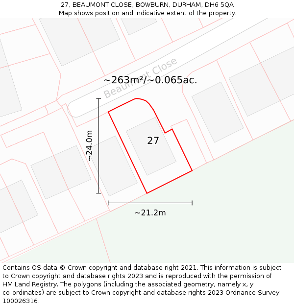 27, BEAUMONT CLOSE, BOWBURN, DURHAM, DH6 5QA: Plot and title map