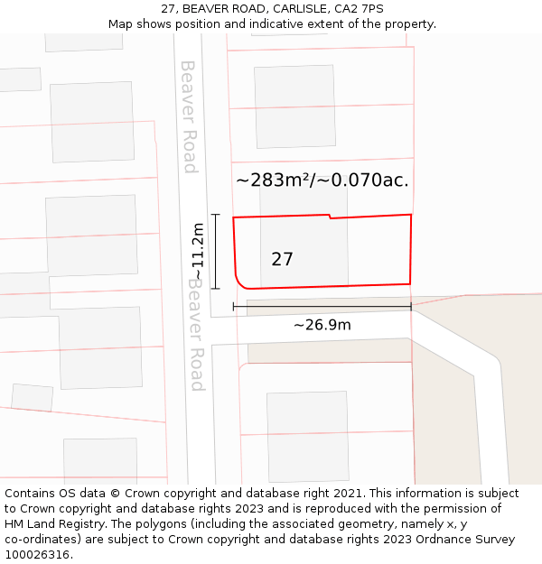 27, BEAVER ROAD, CARLISLE, CA2 7PS: Plot and title map