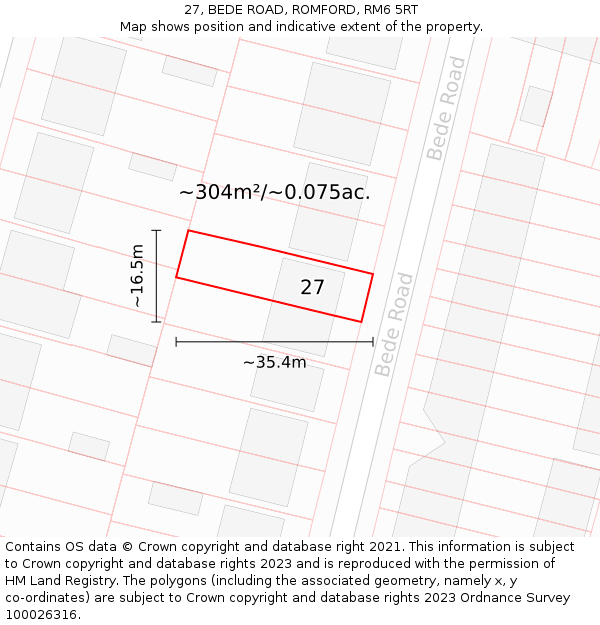 27, BEDE ROAD, ROMFORD, RM6 5RT: Plot and title map