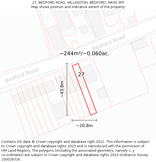 27, BEDFORD ROAD, WILLINGTON, BEDFORD, MK44 3PP: Plot and title map