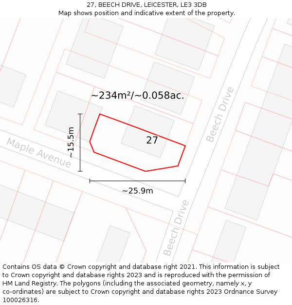 27, BEECH DRIVE, LEICESTER, LE3 3DB: Plot and title map