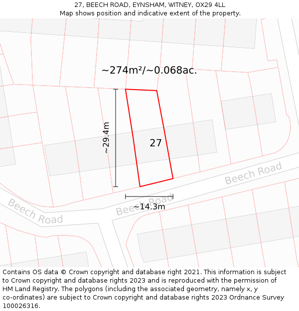 27, BEECH ROAD, EYNSHAM, WITNEY, OX29 4LL: Plot and title map