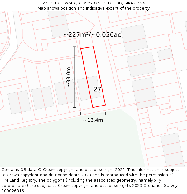 27, BEECH WALK, KEMPSTON, BEDFORD, MK42 7NX: Plot and title map