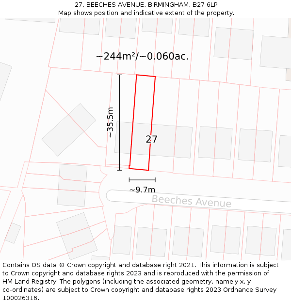 27, BEECHES AVENUE, BIRMINGHAM, B27 6LP: Plot and title map