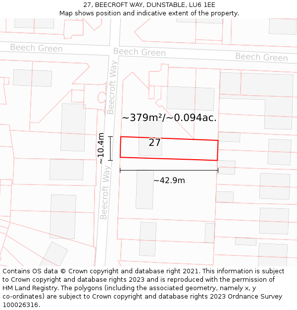 27, BEECROFT WAY, DUNSTABLE, LU6 1EE: Plot and title map