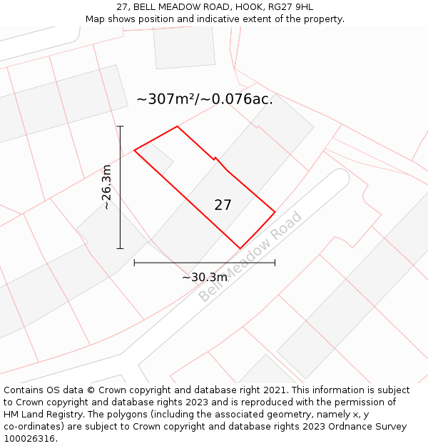 27, BELL MEADOW ROAD, HOOK, RG27 9HL: Plot and title map