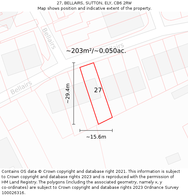 27, BELLAIRS, SUTTON, ELY, CB6 2RW: Plot and title map