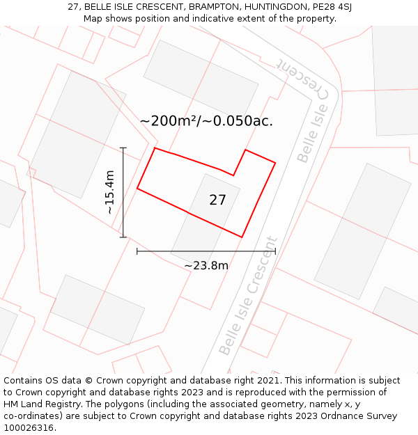 27, BELLE ISLE CRESCENT, BRAMPTON, HUNTINGDON, PE28 4SJ: Plot and title map