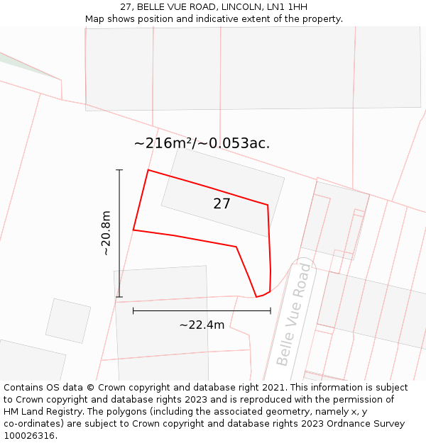 27, BELLE VUE ROAD, LINCOLN, LN1 1HH: Plot and title map