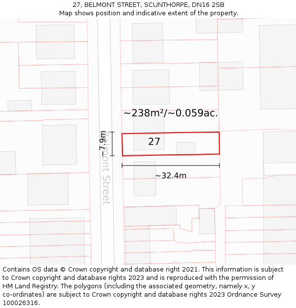 27, BELMONT STREET, SCUNTHORPE, DN16 2SB: Plot and title map