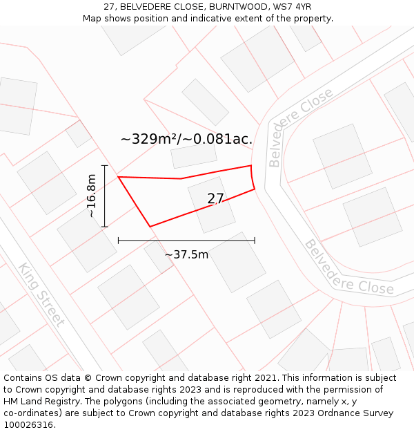 27, BELVEDERE CLOSE, BURNTWOOD, WS7 4YR: Plot and title map