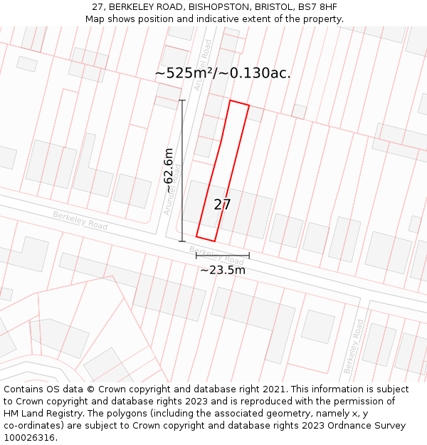27, BERKELEY ROAD, BISHOPSTON, BRISTOL, BS7 8HF: Plot and title map