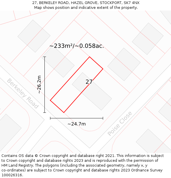 27, BERKELEY ROAD, HAZEL GROVE, STOCKPORT, SK7 4NX: Plot and title map