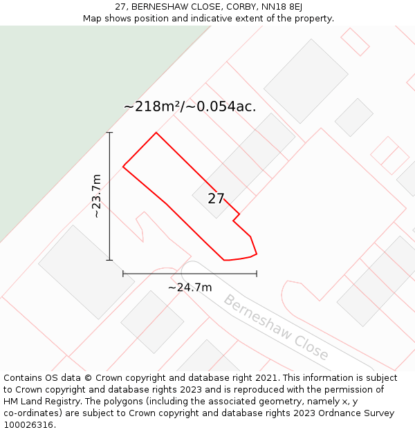 27, BERNESHAW CLOSE, CORBY, NN18 8EJ: Plot and title map