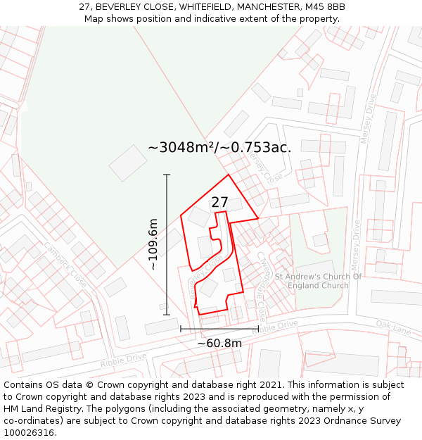 27, BEVERLEY CLOSE, WHITEFIELD, MANCHESTER, M45 8BB: Plot and title map