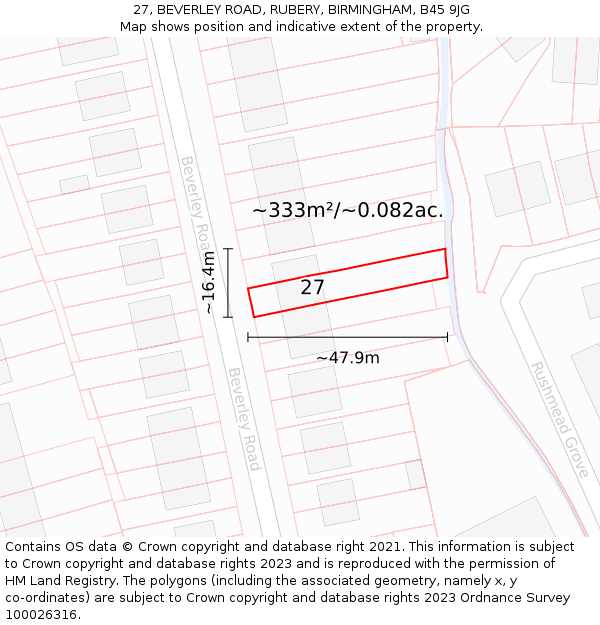 27, BEVERLEY ROAD, RUBERY, BIRMINGHAM, B45 9JG: Plot and title map