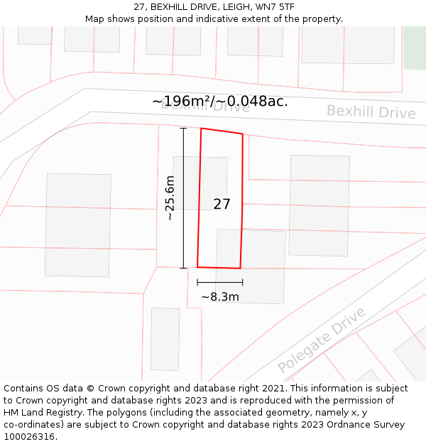 27, BEXHILL DRIVE, LEIGH, WN7 5TF: Plot and title map