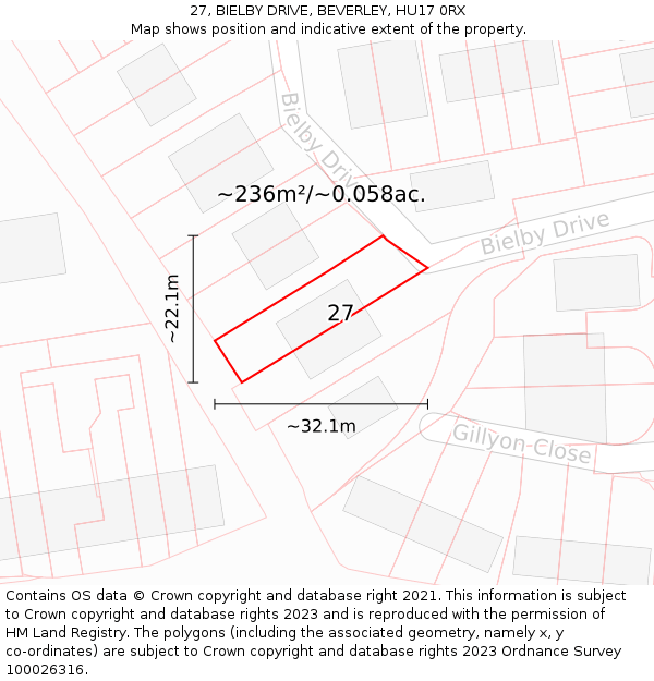 27, BIELBY DRIVE, BEVERLEY, HU17 0RX: Plot and title map