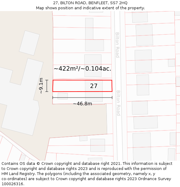 27, BILTON ROAD, BENFLEET, SS7 2HQ: Plot and title map