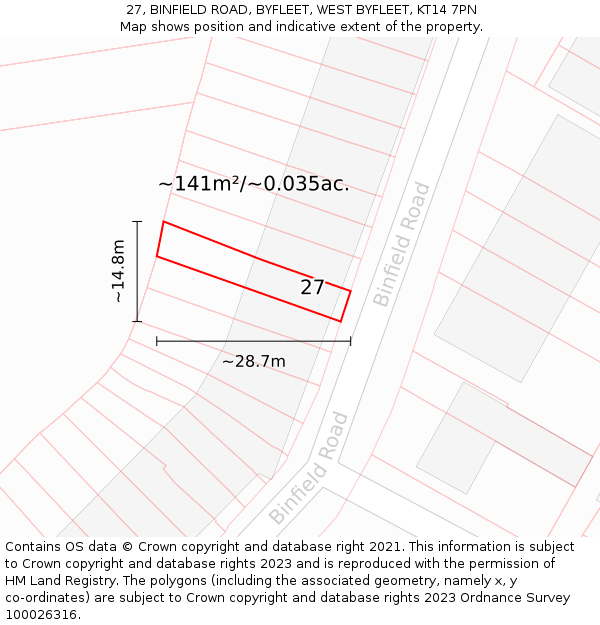 27, BINFIELD ROAD, BYFLEET, WEST BYFLEET, KT14 7PN: Plot and title map