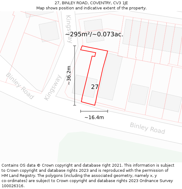 27, BINLEY ROAD, COVENTRY, CV3 1JE: Plot and title map