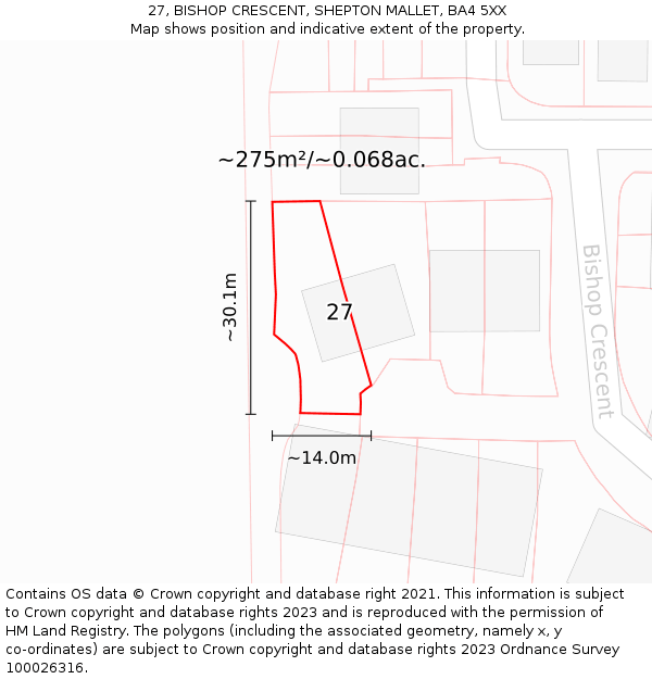 27, BISHOP CRESCENT, SHEPTON MALLET, BA4 5XX: Plot and title map