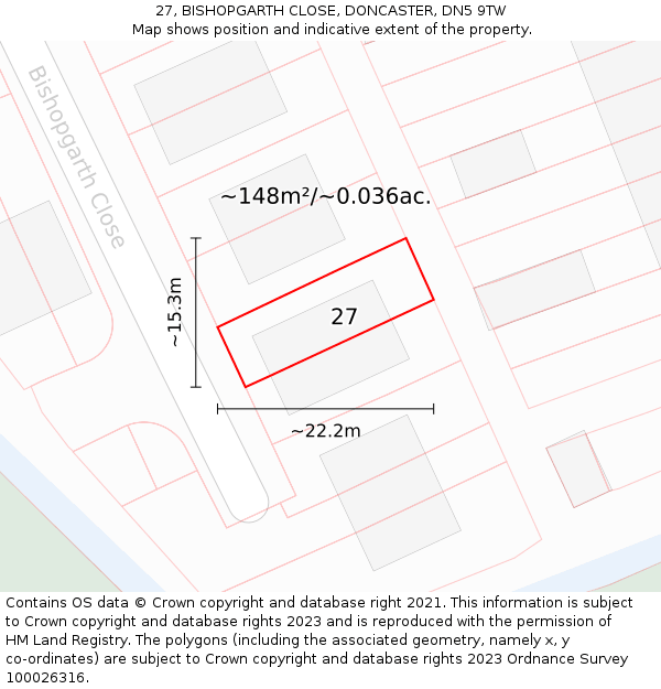 27, BISHOPGARTH CLOSE, DONCASTER, DN5 9TW: Plot and title map