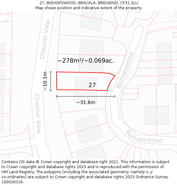 27, BISHOPSWOOD, BRACKLA, BRIDGEND, CF31 2LU: Plot and title map