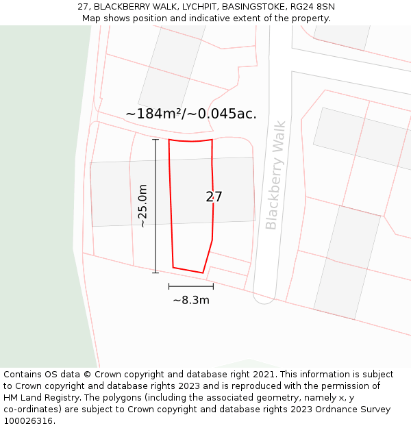 27, BLACKBERRY WALK, LYCHPIT, BASINGSTOKE, RG24 8SN: Plot and title map