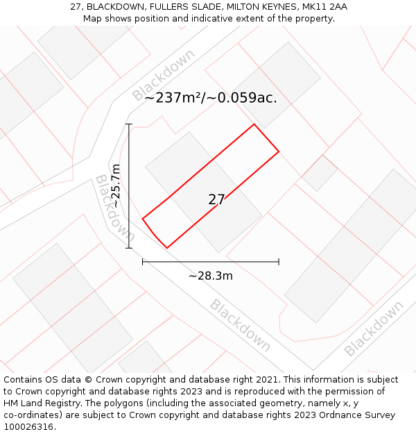 27, BLACKDOWN, FULLERS SLADE, MILTON KEYNES, MK11 2AA: Plot and title map