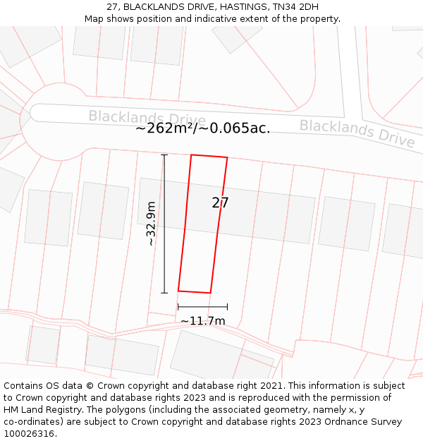 27, BLACKLANDS DRIVE, HASTINGS, TN34 2DH: Plot and title map