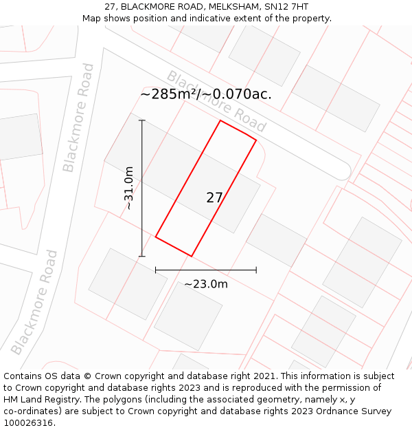 27, BLACKMORE ROAD, MELKSHAM, SN12 7HT: Plot and title map