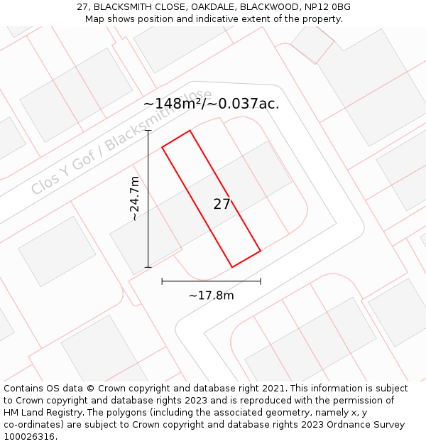27, BLACKSMITH CLOSE, OAKDALE, BLACKWOOD, NP12 0BG: Plot and title map