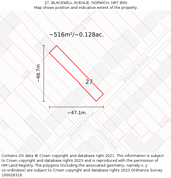 27, BLACKWELL AVENUE, NORWICH, NR7 8XN: Plot and title map