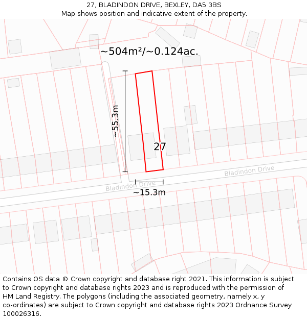 27, BLADINDON DRIVE, BEXLEY, DA5 3BS: Plot and title map