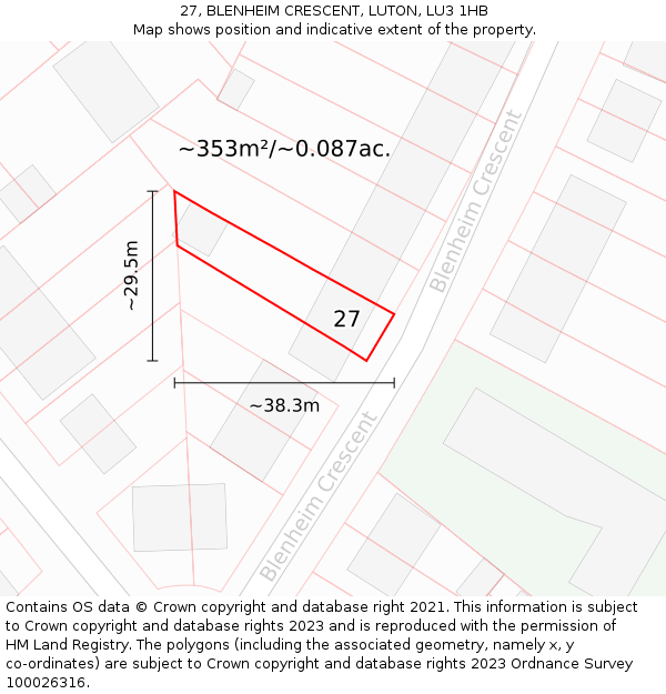27, BLENHEIM CRESCENT, LUTON, LU3 1HB: Plot and title map